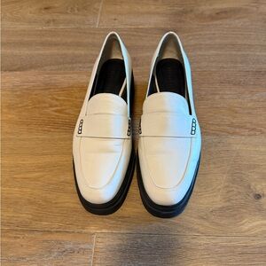 Freda Salvador Cream Leather Penny Loafers with Black Soles